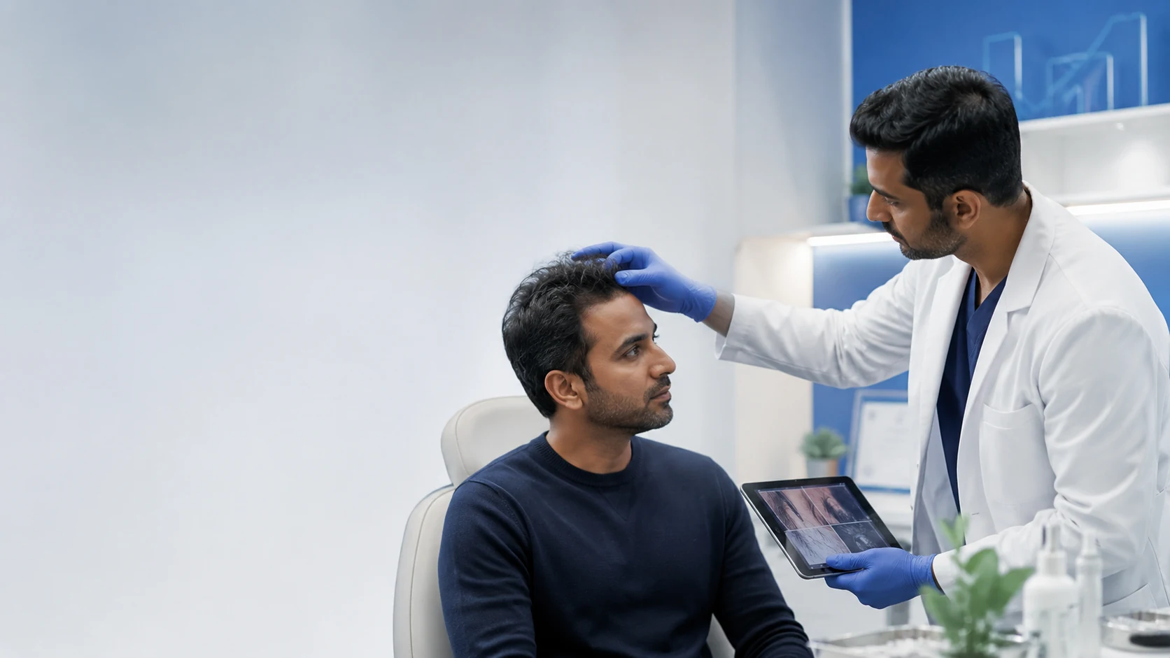 Hair specialist consulting an Indian male patient about hair restoration