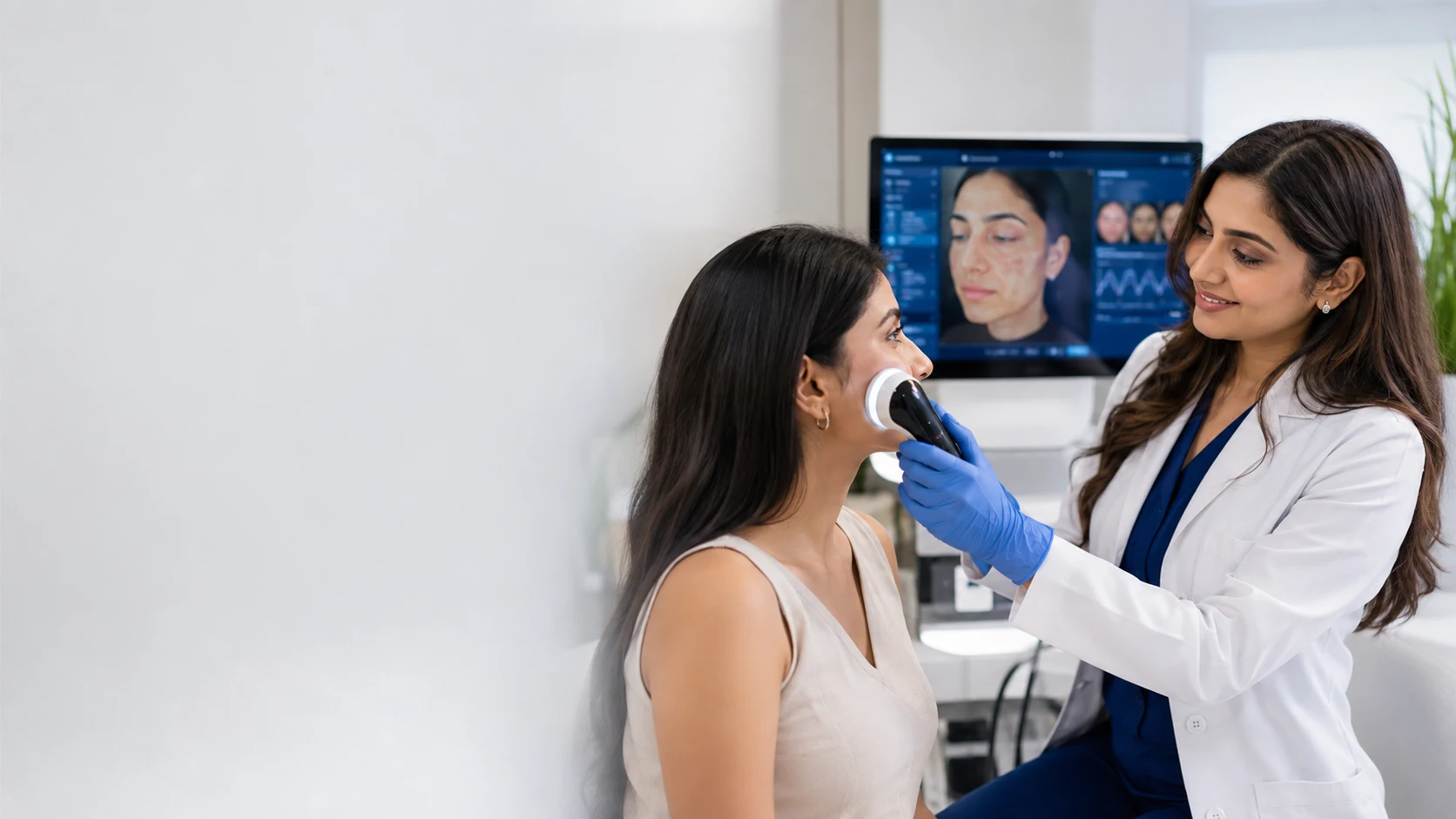 Dermatologist performing a premium skin analysis consultation